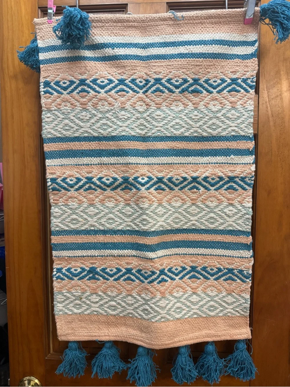 Handwoven Boho Tassel Throw rug in coral, Teal & Cream
